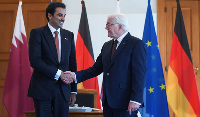 German President Frank Walter Steinmeier shakes hands with Amir of Qatar Sheikh Tamim bin Hamad al-Thani